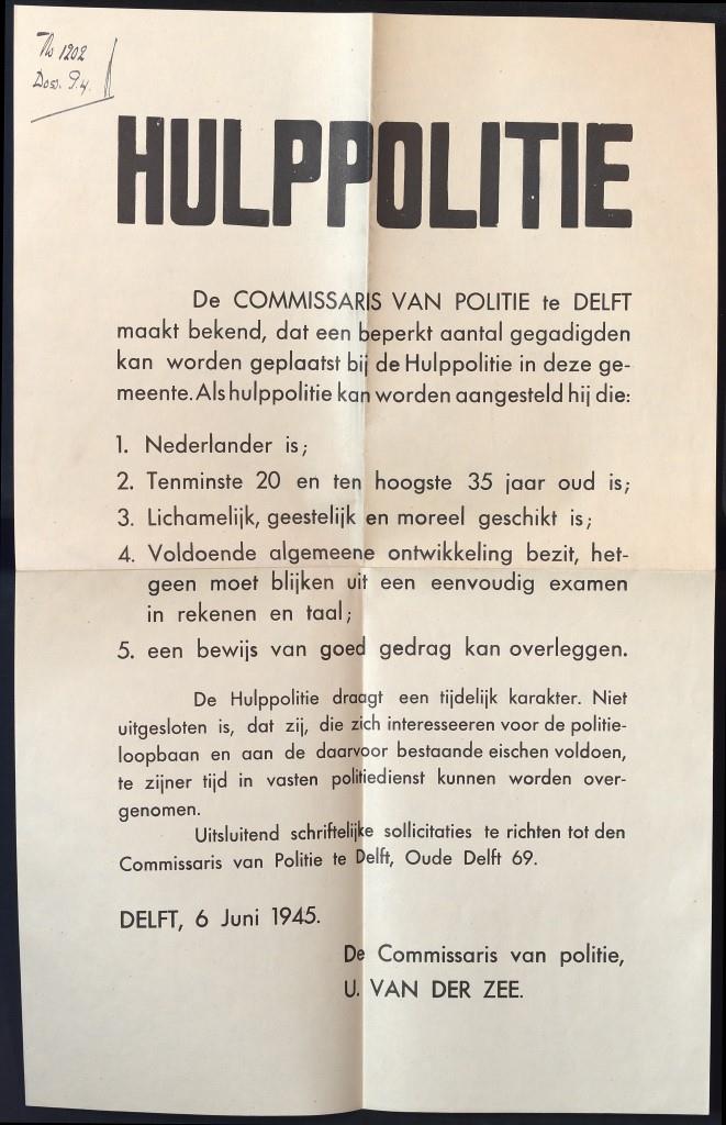 Oproep hulppolitie, juni 1945.