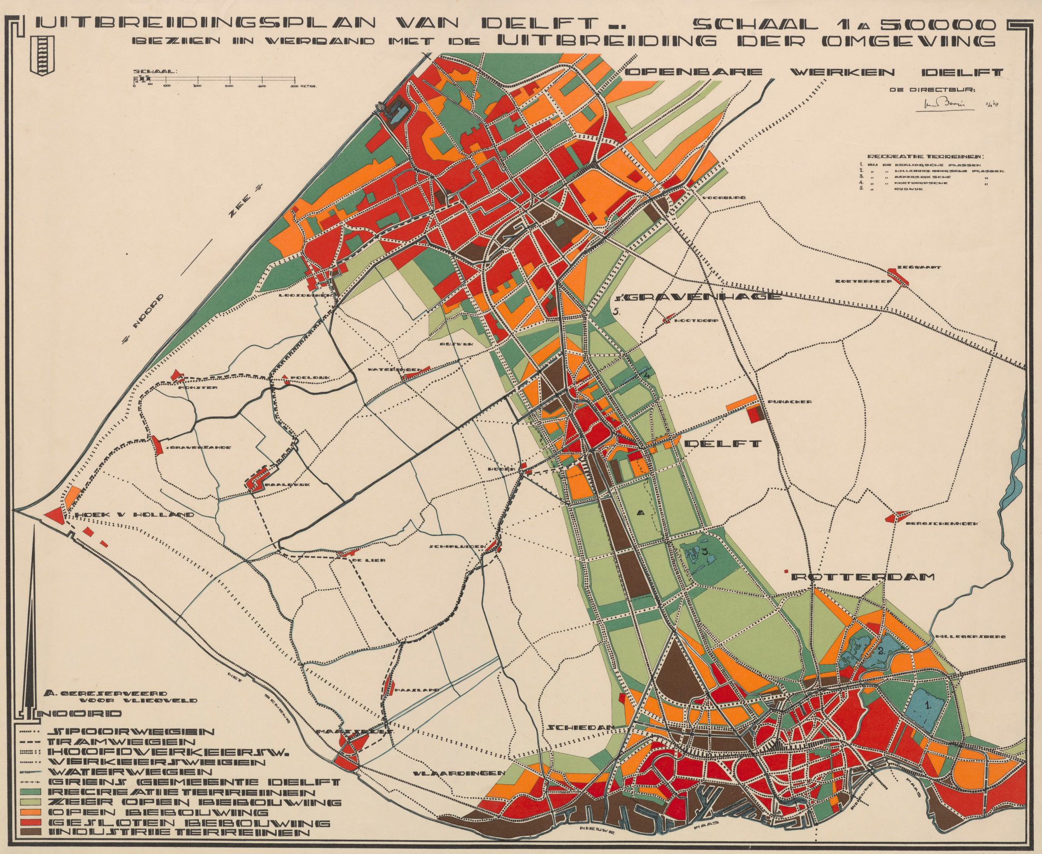 De A onder Delft op deze plattegrond markeert de plek waar het vliegveld moet komen, 1929.