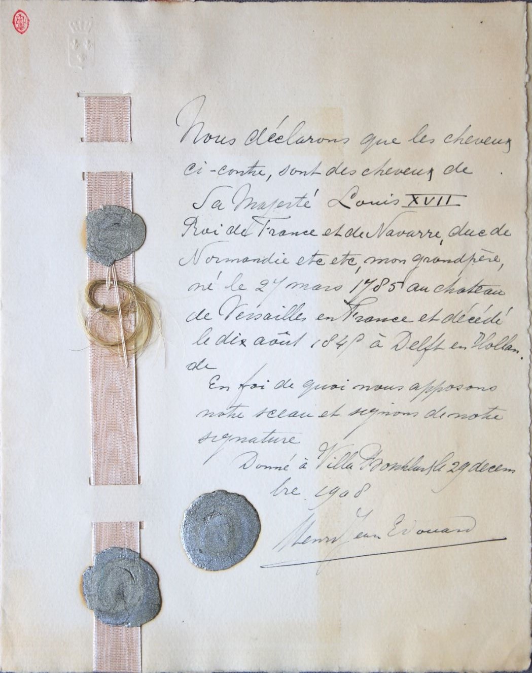 Bewaarde haarlok uit het dossier van Karl Wilhelm Naundorff.