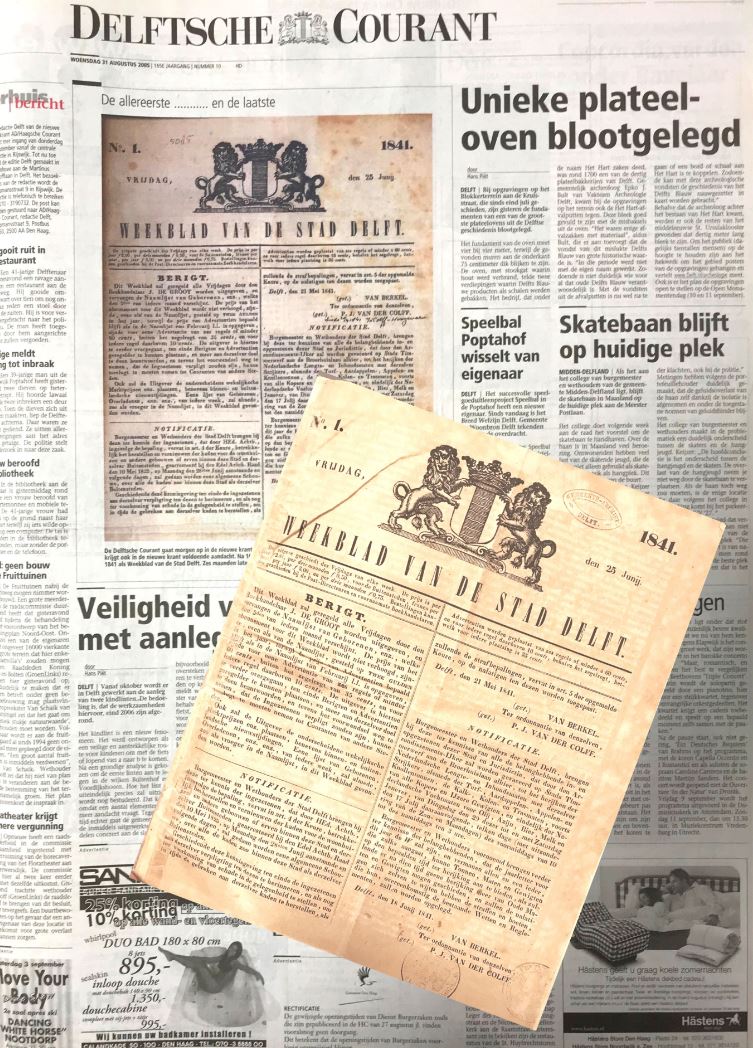 Delftsche Courant, de eerste van 25 juni 1841 en de laatste van 31 augustus 2005.