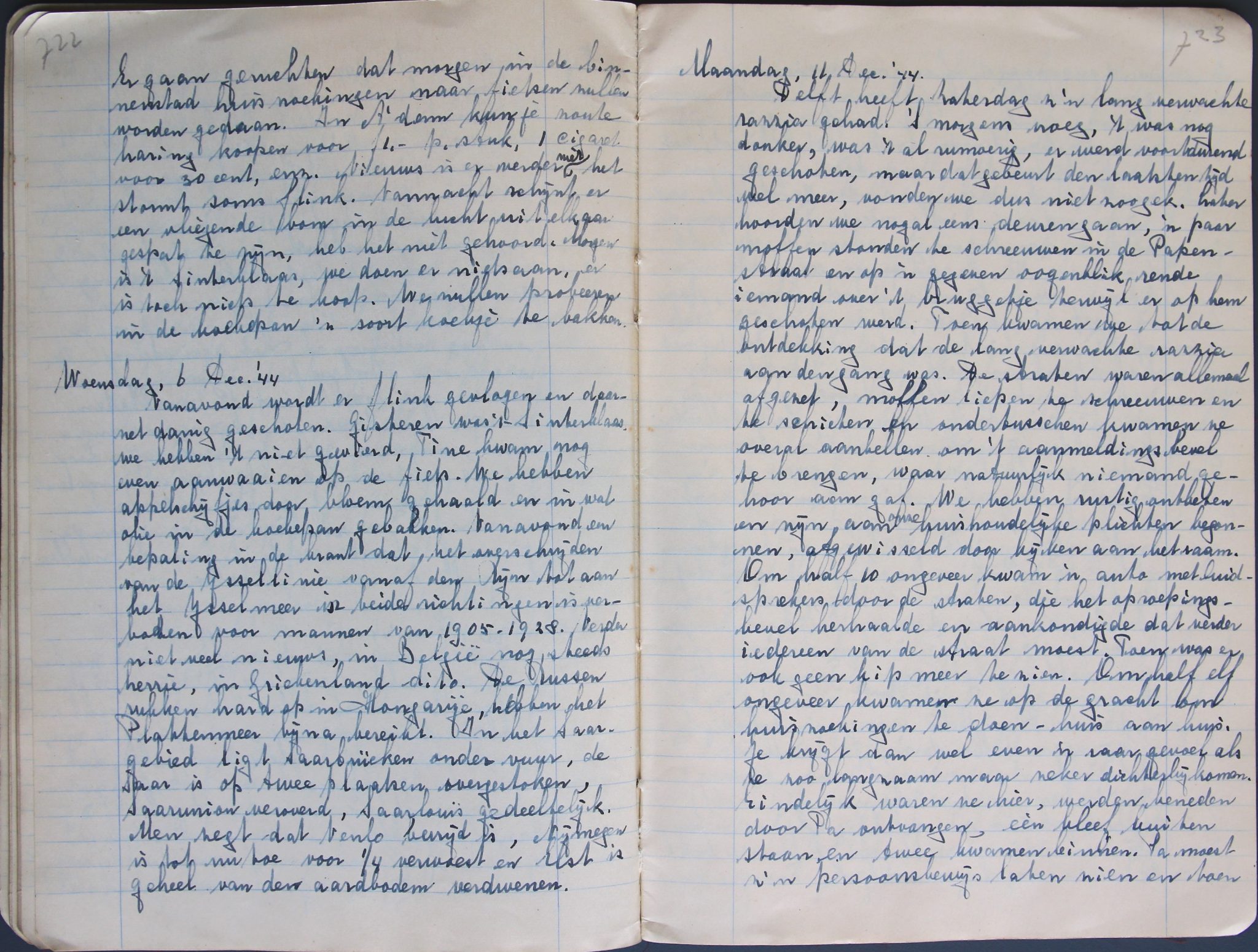 Verslag razzia in Delft in een van de dagboeken van Sara Johanna Spijker, 1944 (Archief 598, inv.nrs 554-556)