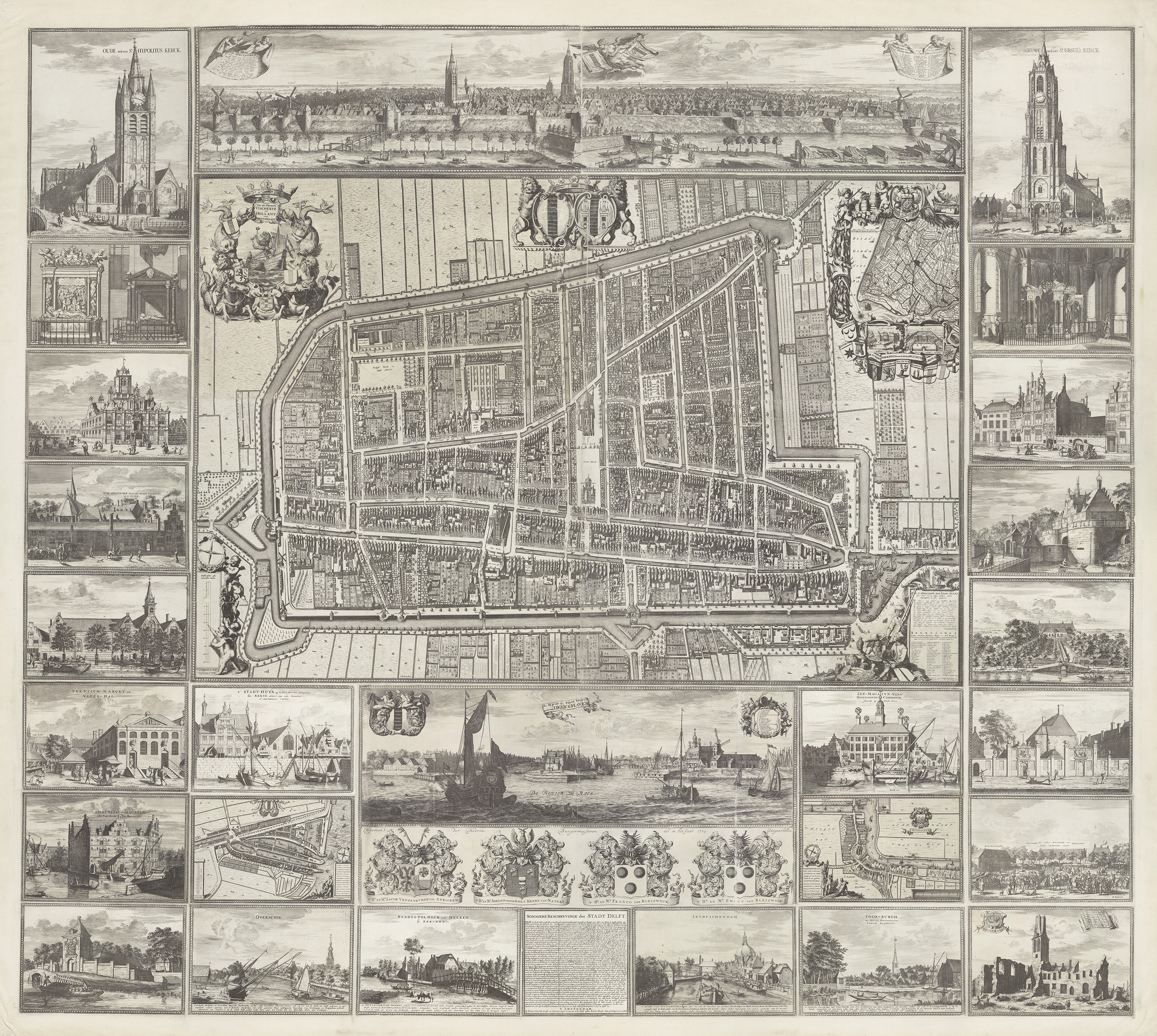 Kaart Figuratief (tweede staat), met randprenten, uit 1702 (Stadsarchief Delft, Collectie Beeld & Geluid, 133555)