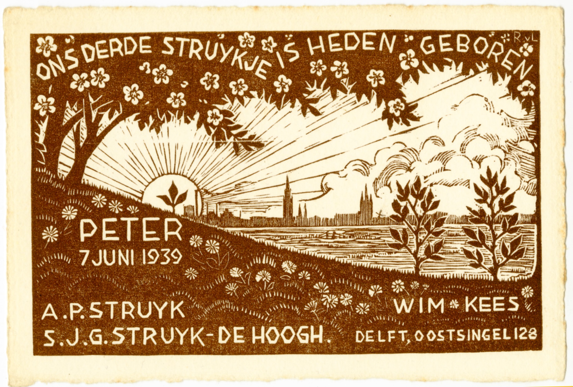 Rijk van Lavieren, Geboortekaartje van Peter Struyk, 1939 (objectnr. 139208)