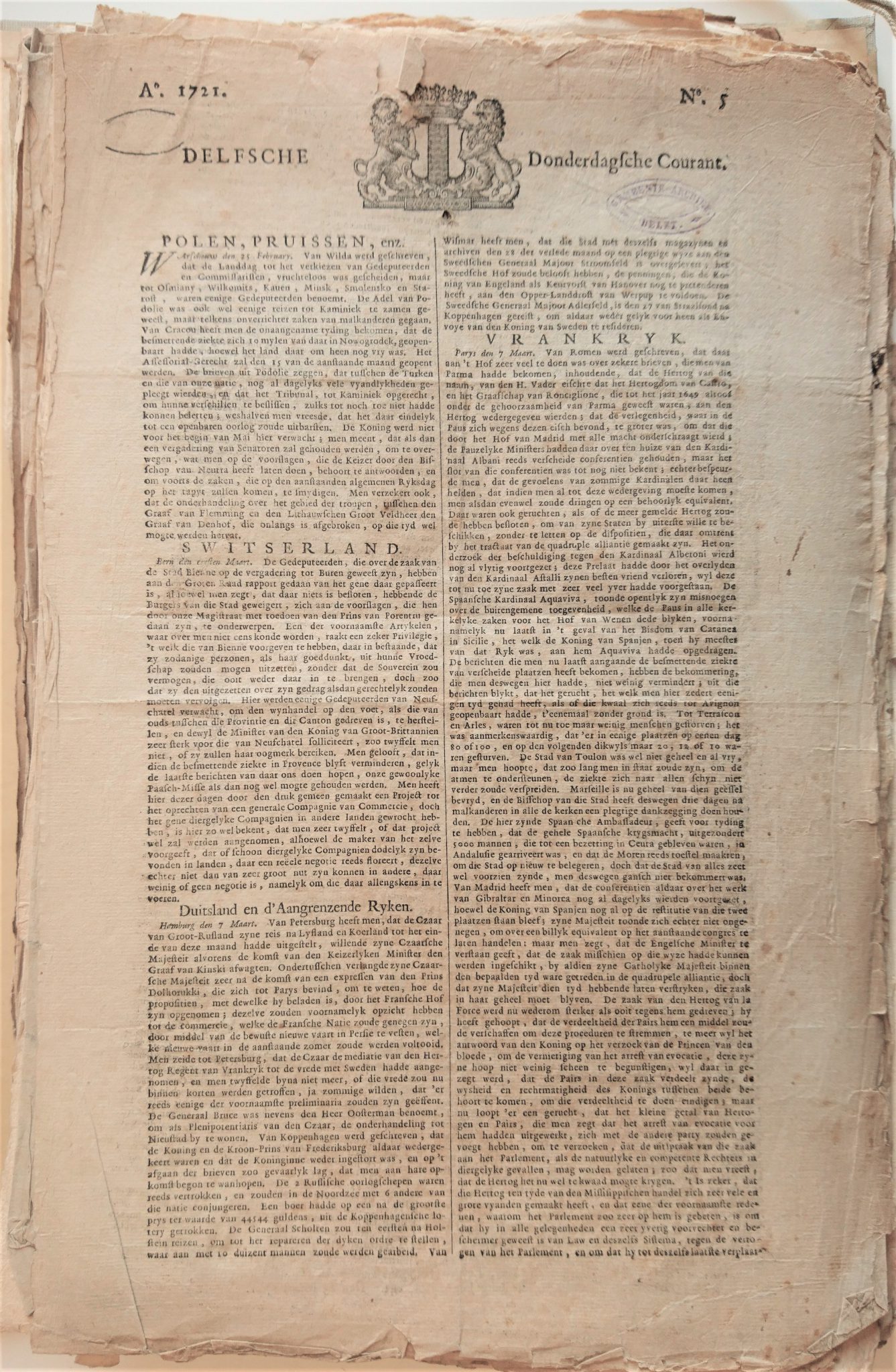 Delfsche Donderdagsche Courant, nummer 5 van 1721.