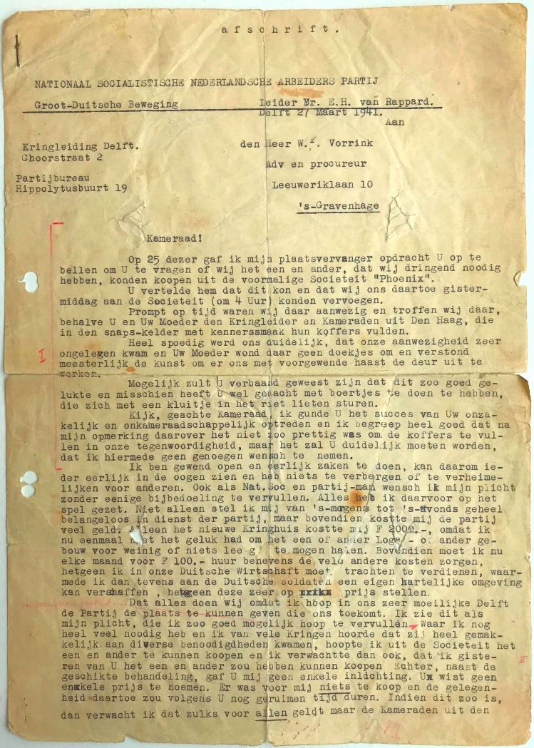 Brief van NSB-kringleider Willem aan W.F. Vorrink, 27-3-1941.