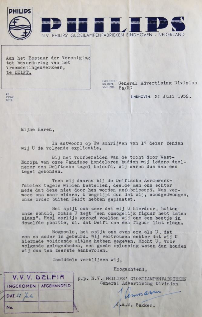 Klachten van toeristen over behandeling door Delftse instellingen (1939, 1949-1970), ingekomen brief van Philips, 21 juli 1952.