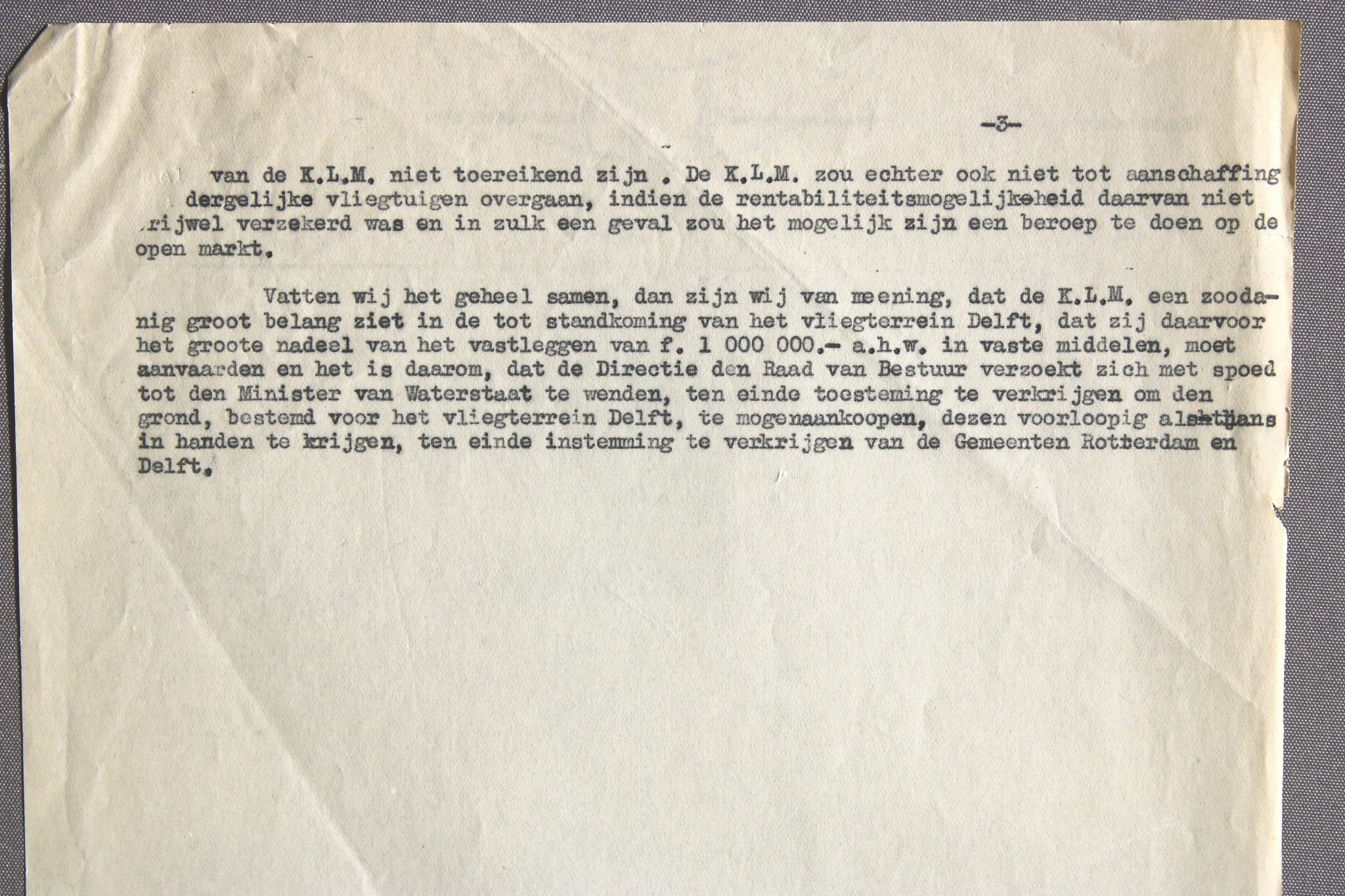 Notulen uit het KLM-dossier over een vliegveld bij Delft, 1928.