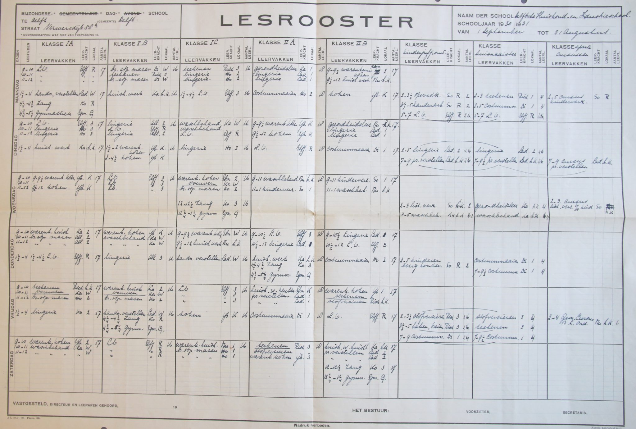Lesrooster van Huishoudschool Rust Roest, schooljaar 1930-1931.