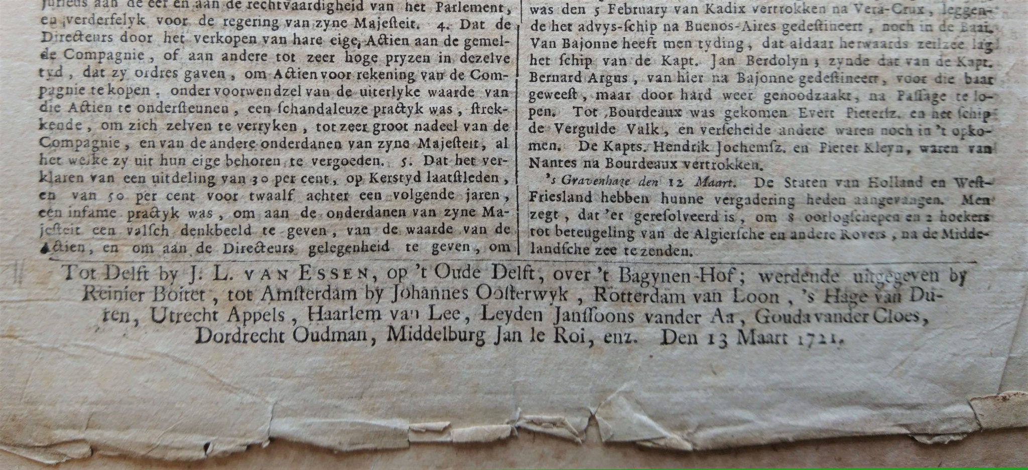 Achterzijde van de Delfsche Donderdagsche Courant, nummer 5 van 1721.